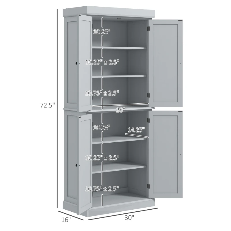 HOMCOM 72" Kitchen Cabinet, Pantry Storage Cabinet with Doors and Shelves, Freestanding Food Pantry Cabinet, Gray