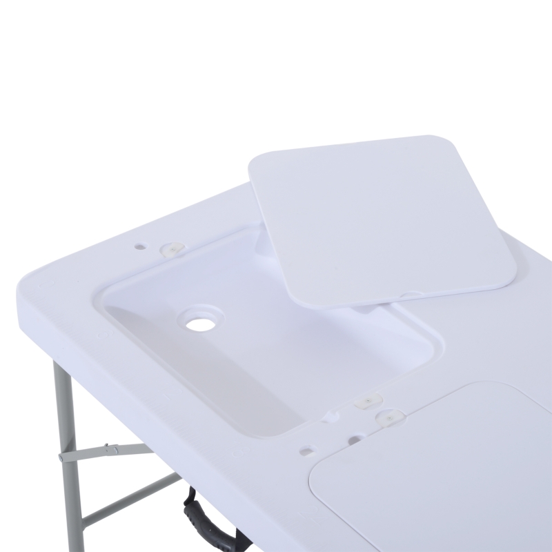 Outsunny 2-in-1 Folding Table with Faucet and Sinks Portable Outdoor Camping BBQ Fishing Table, White
