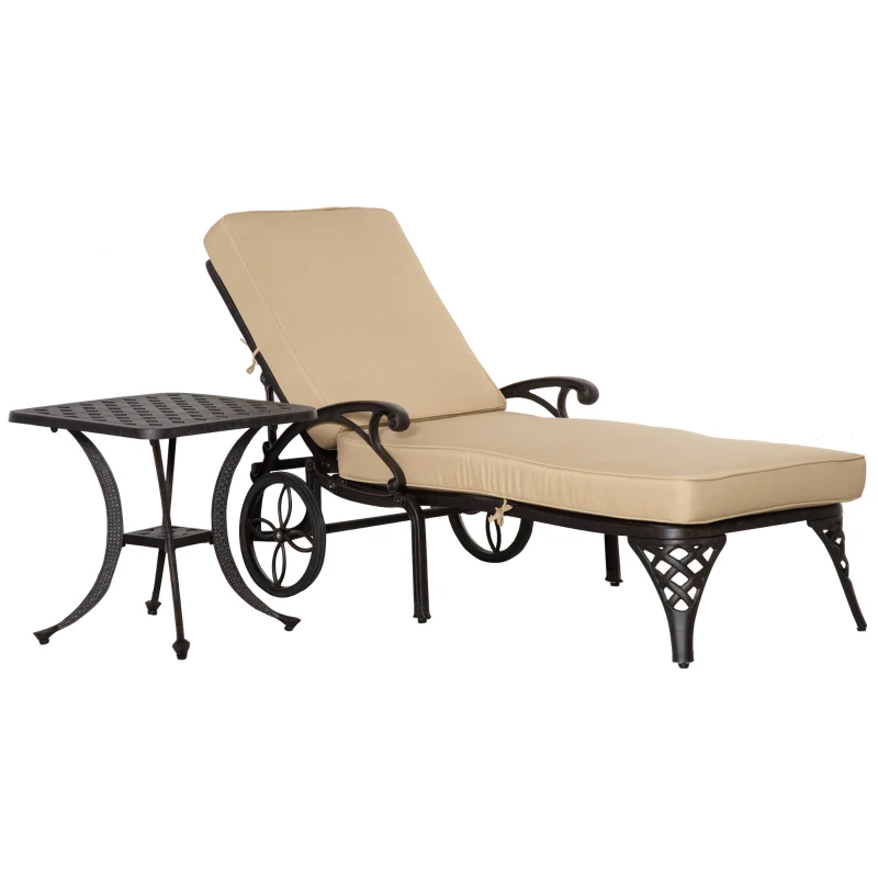 Outsunny Aluminum Adjustable Chaise Lounge Chair, Folding 4-Position Patio Recliner, Wheels, Armrests, Side Table, Cushion for Poolside, Backyard, Deck, Porch Garden, Beige