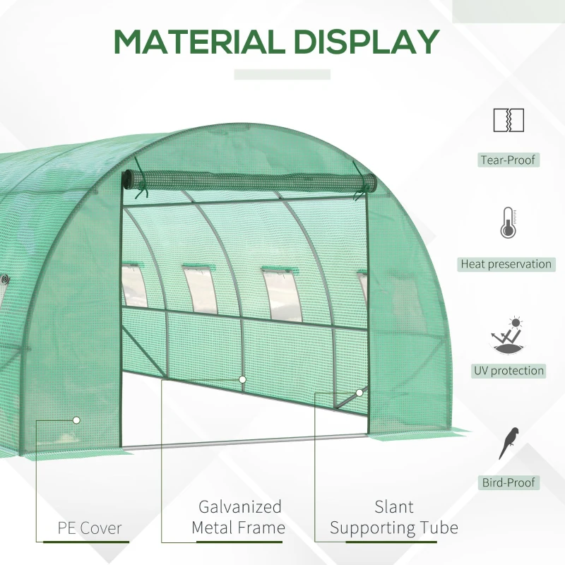 Outsunny Walk-in Tunnel Greenhouse, 19 x 10 x 6.6 ft Hoop House with Zipped Roll-Up Door and 8 Mesh Windows, Outdoor Greenhouse with Galvanised Steel Frame, Green