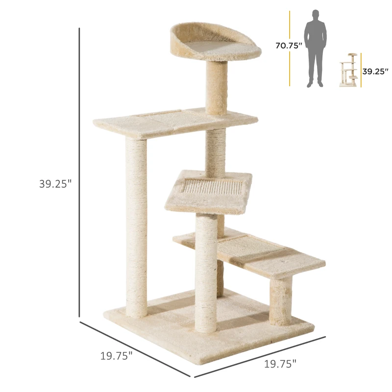 PawHut 39” Scratching Cat Tree Scratcher Revolving Steps Climbing Tower Post Pets Furniture Beige