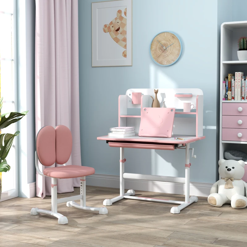Qaba Height Adjustable Kids Desk and Chair Set for Writing Drawing w/ Tilt Desktop, Storage Drawer and Reading Rack, Pink