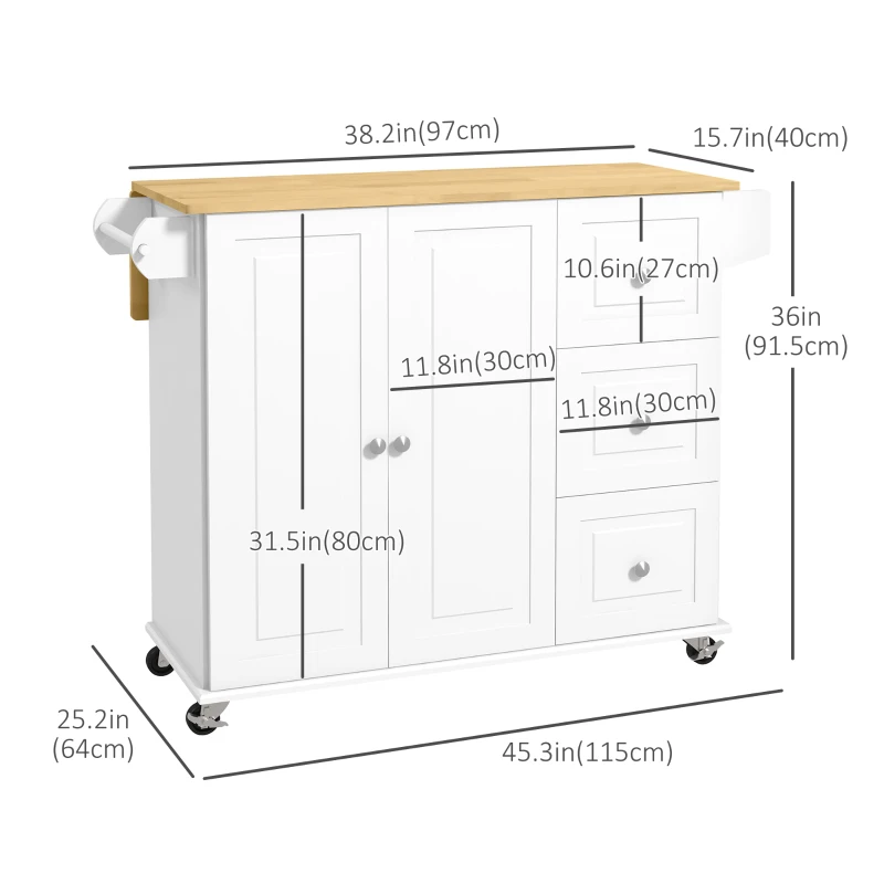 HOMCOM Kitchen Island on Wheels, Kitchen Cart with Drop Leaf, Drawers, White