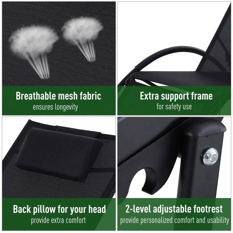 Outsunny Outdoor Lounge Chair with Breathable Mesh Fabric Seat, 5-Level Adjustable Reclining Chair with Aluminum Frame, Headrest Pillow, Adjustable Footrest, Black