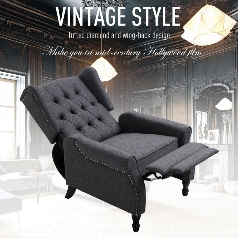 HOMCOM Fabric Upholstered Wingback Recliner, Tufted Push Back Accent Chair, Linen Arm Chair with Footrest, Armrest, Padded Cushion, Dark Grey