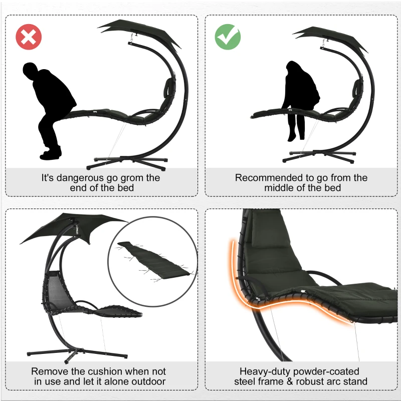 Outsunny Floating Chaise Lounge Outdoor Porch Swing Chair Hanging Hammock Reclining Seat  w/ Arc Stand & Canopy Umbrella Charcoal Grey