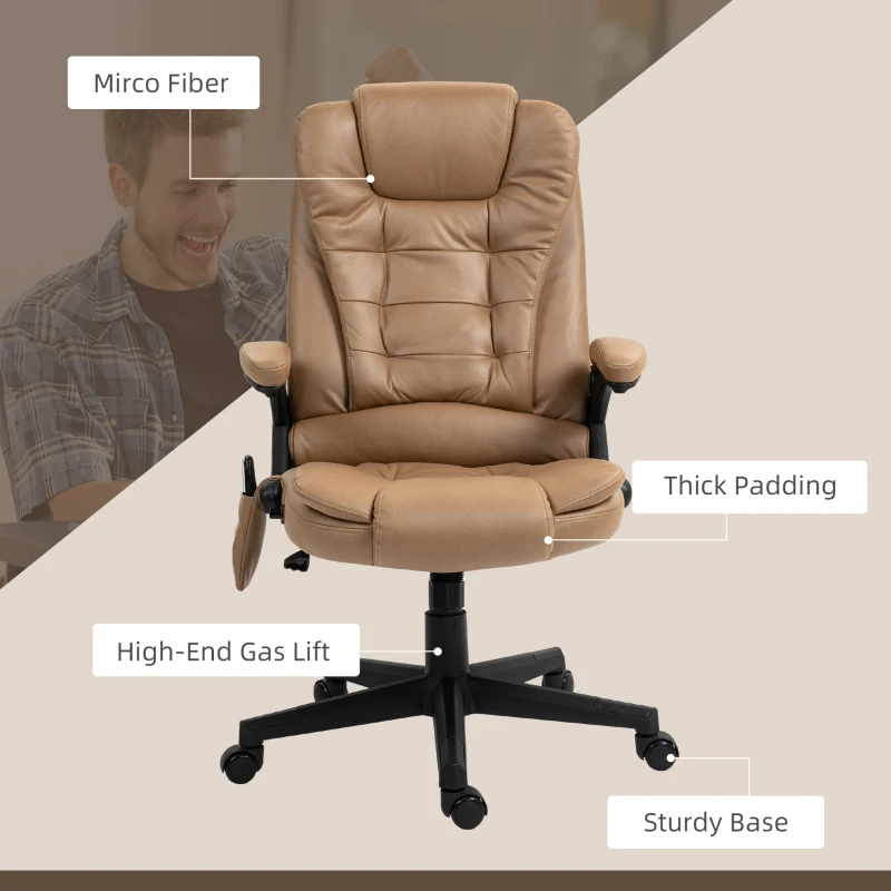 Vinsetto 6 Point Vibrating Massage Office Chair with Heat, Microfiber Massage Desk Chair with Reclining Backrest, Light Brown
