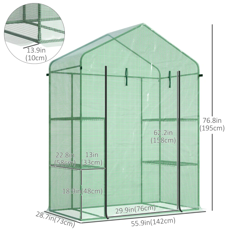 Outsunny 3-Tier Mini Greenhouse, Walk-in Greenhouse, Garden Hot House with 4 Shelves, Roll-Up Door and Weatherized Cover, 56" x 29" x 77", Dark Green