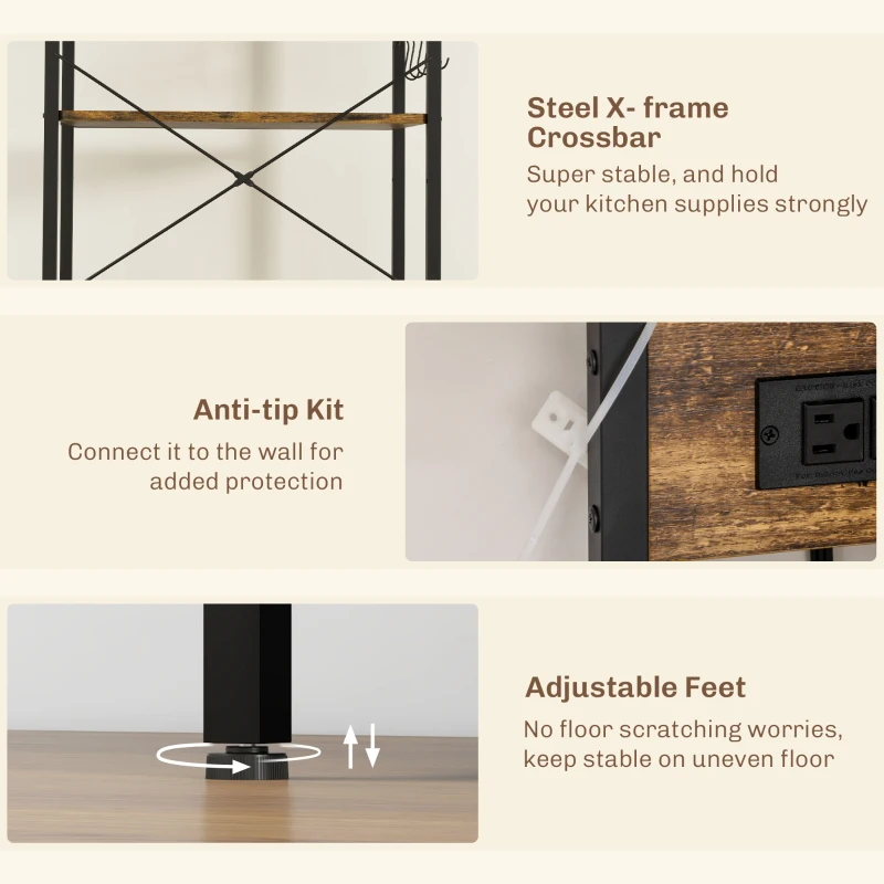 HOMCOM Kitchen Baker's Rack with Power Outlet, Coffee Bar Station with Adjustable Shelves and Hooks, Rustic Brown