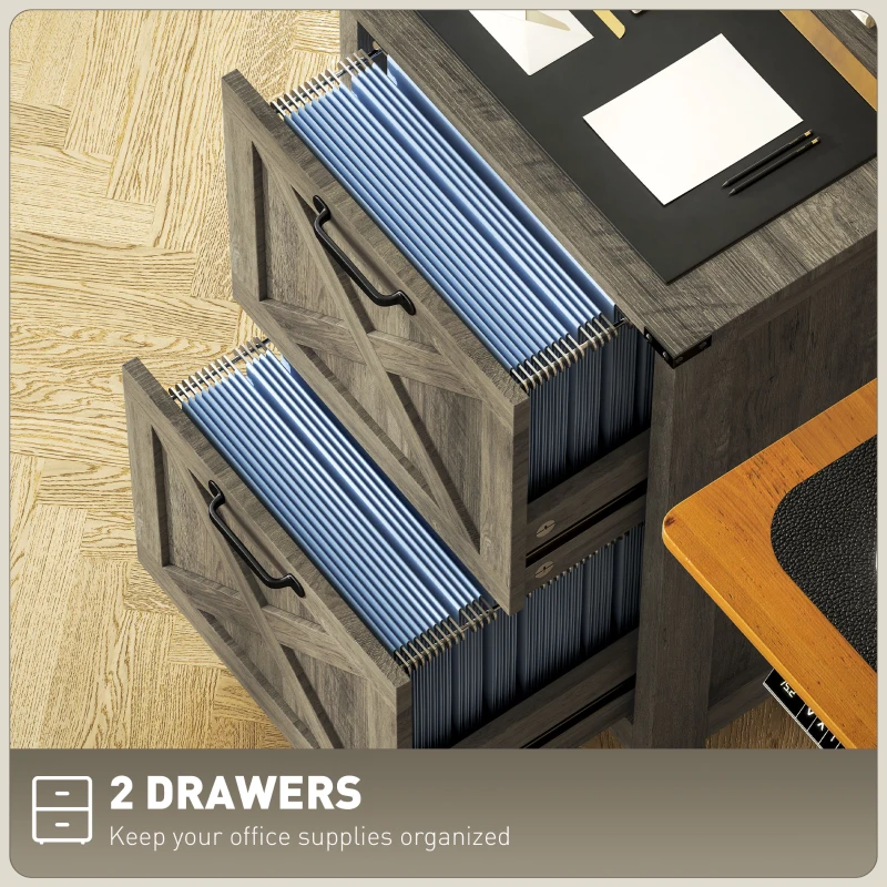 HOMCOM Vertical Filing Cabinet with 2 Drawers, Rustic Farmhouse Office Storage Cabinet for A4, Letter Size, Grey Wash