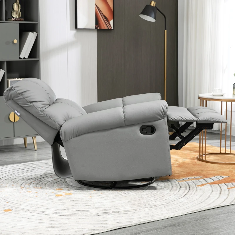 HOMCOM Rocker Recliner Chair with Overstuffed Back and Seat, Faux Leather Manual Reclining Chair with Footrest and 360 Swivel Rotation Base for Living Room, Gray