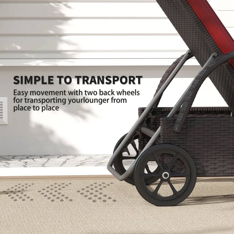 Outsunny Outdoor Lounger, Deck Lounge Chair with Headrest, 5-Level Adjustable, Backrest, Wheels, Deep Coffee and Wine Red