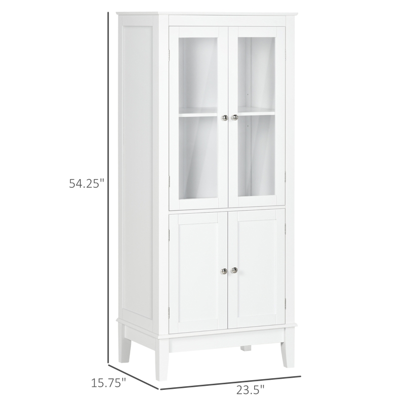 kleankin Bathroom Floor Cabinet with 2 Storage Cabinets, Tempered Glass Door, Freestanding Linen Tower with Adjustable Shelves for Living Room, White