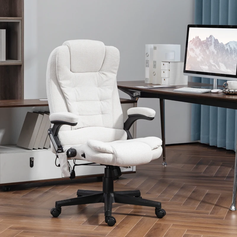 HOMCOM 6 Point Vibrating Massage Office Chair with Heat, Linen High Back Massage Desk Chair with Reclining Backrest, White(m-10)