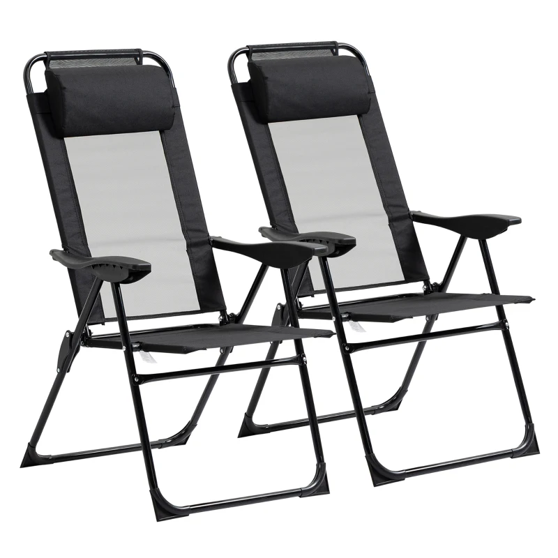 Outsunny Double Camping Chairs Foldable w/ Reclining & Headrest, Black