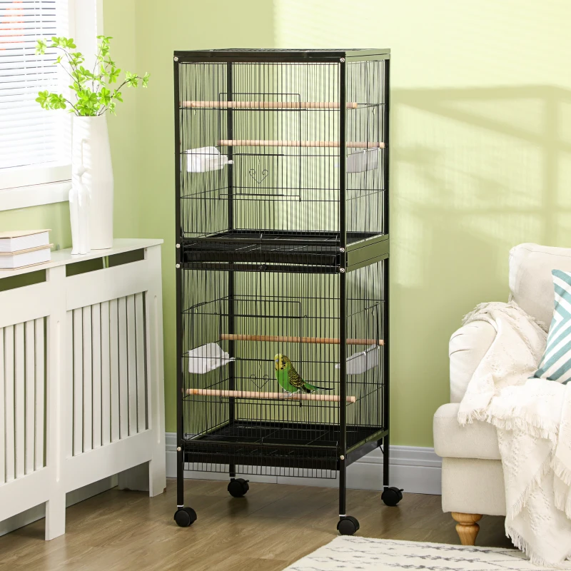 PawHut 55" 2 In 1 Bird Cage Aviary Parakeet House for finches, budgies with Wheels, Black