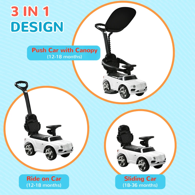 Qaba Bentley Bentayga Licensed Push Car, 3 in 1 Kids Ride on Car Foot to Floor w/ Music Horn, White