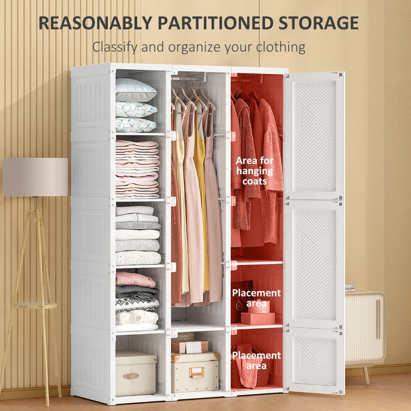HOMCOM Portable Wardrobe Closet, Folding Clothes Storage Organizer with 8 Cube Compartments, 2 Hanging Rods, 11 Magnet Doors, White