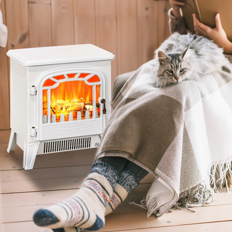 HOMCOM Freestanding Electric Fireplace Stove Heater with Overheat Protection and Realistic Flame Effect, 750W/1500W, White