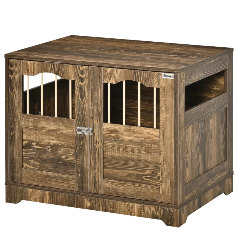 PawHut Wooden Dog Crate, End Table Furniture with Lockable Door, Small & Medium Size Pet Crate Indoor Puppy Cage, Brown