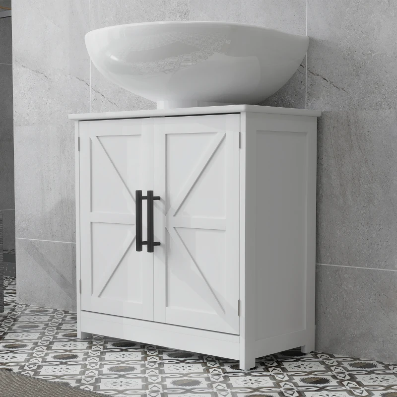 HOMCOM Farmhouse Pedestal Sink Storage Cabinet, Bathroom Sink Cabinet with 2 Barn Doors and Adjustable Shelf, White