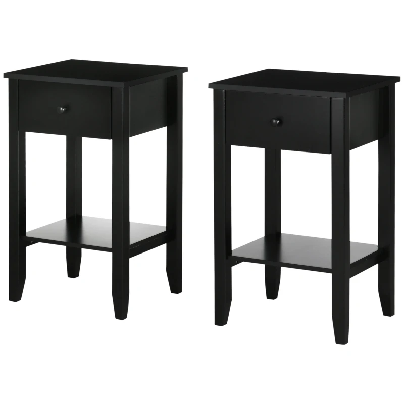 HOMCOM Side Table Set of 2, End Tables with Drawer and Bottom Shelf, 2-tier Nightstand for Bedroom, Living Room, Black