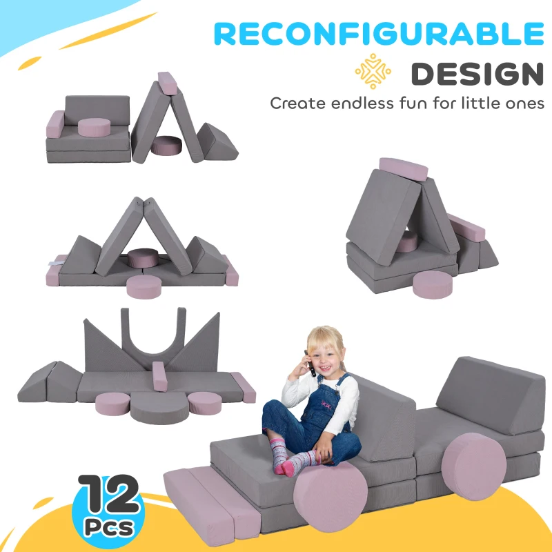 Qaba 12 Pieces Foam Climbing Blocks for Toddlers, Indoor Climb and Crawl Activity Play Set for Boys and Girls, Gray