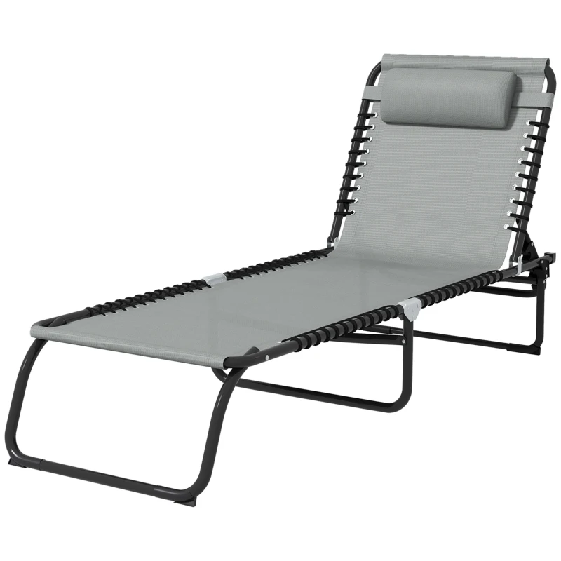 Outsunny Folding Lounge Chair, Adjustable Chaise Lounge with Headrest, Reclining Lounger Cot for Camping, Hiking, Light Grey
