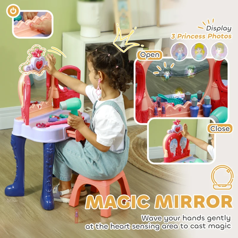 Qaba Kids Vanity Set with Mirror and Stool, Music, Light, Drawer, Hair Dryer, 20 Makeup Accessories, Multicolor