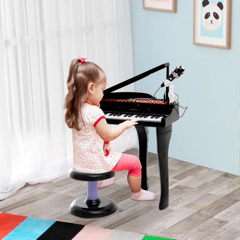 Qaba 37-Key Kids Toy Keyboard Piano Musical Electronic Instrument Grand Piano with Microphone, Stool, MP3, U-Disk, Lights for 3-6 Years, Black
