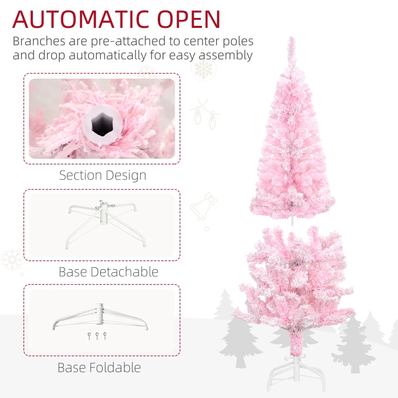 HOMCOM 4 ft Flocked Pencil Christmas Tree, Artificial Christmas Tree with Realistic Branches, Auto Open and Steel Base, Pink