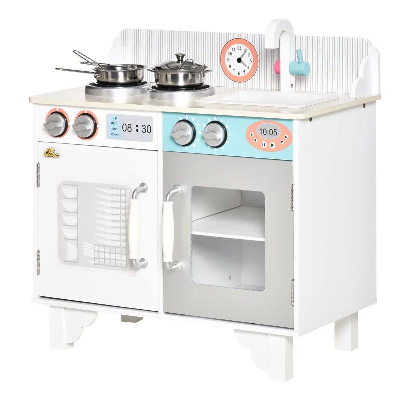 Qaba Kids Kitchen Play Cooking Toy Set, Educational Pretend Role Playset Game, with Sink, Faucet, Cooking Bench, Stainless Steel Pot, for 3-6 Years Old, White