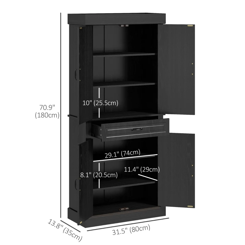 HOMCOM 71" Freestanding Kitchen Pantry with 4 Doors and 2 Cabinets, Tall Storage Cabinet for Kitchen, Distressed Black