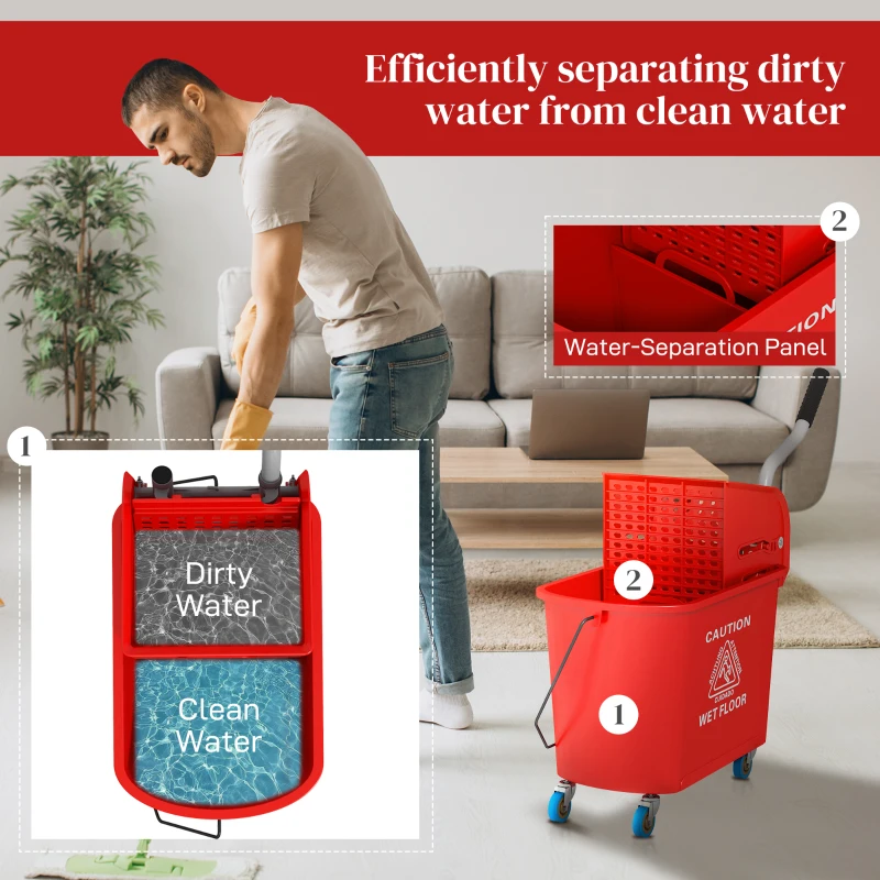 HOMCOM Compact Mop Bucket with Wringer, Mop Bucket on Wheels for Floor Cleaning, 21 Quart, Separate Dirty and Clean Water, Red