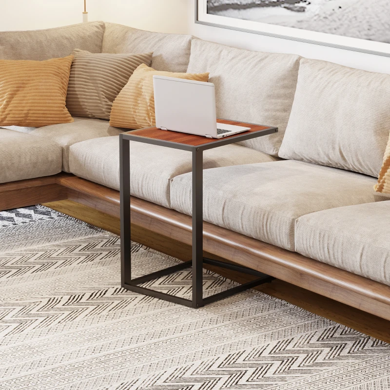 HOMCOM C-Shaped End Table, Laptop Table with Metal Frame, Sofa Side Table for Living room, Bedroom, Walnut