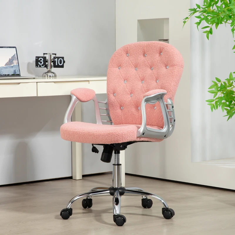 Vinsetto Button Tufted Desk Chair, Home Office Chair with Padded Armrests, Adjustable Height and Swivel Wheels, Pink