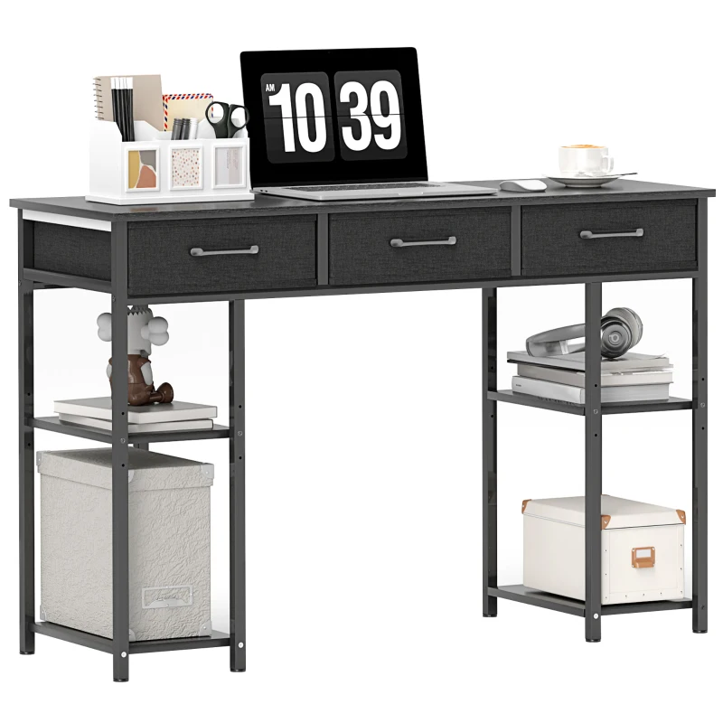 HOMCOM 47" Small Computer Desk, Writing Desk with Fabric Drawers, Home Office Desk with Adjustable Shelves, Black