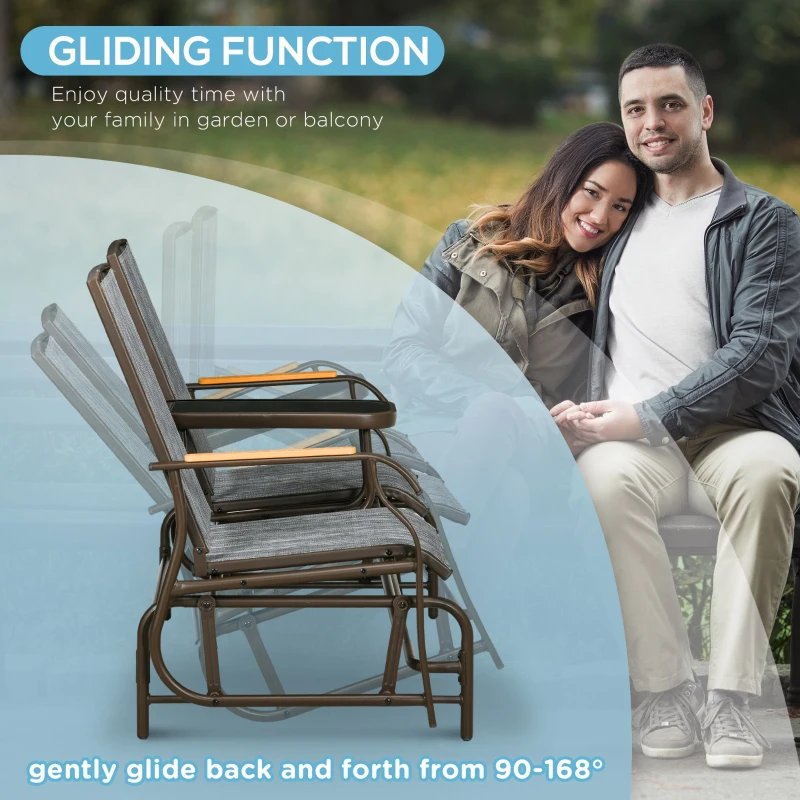 Outsunny Outdoor 2-Person Glider Bench, Outside Glider Swing Chair Loveseat with Table, Steel Frame, Gray