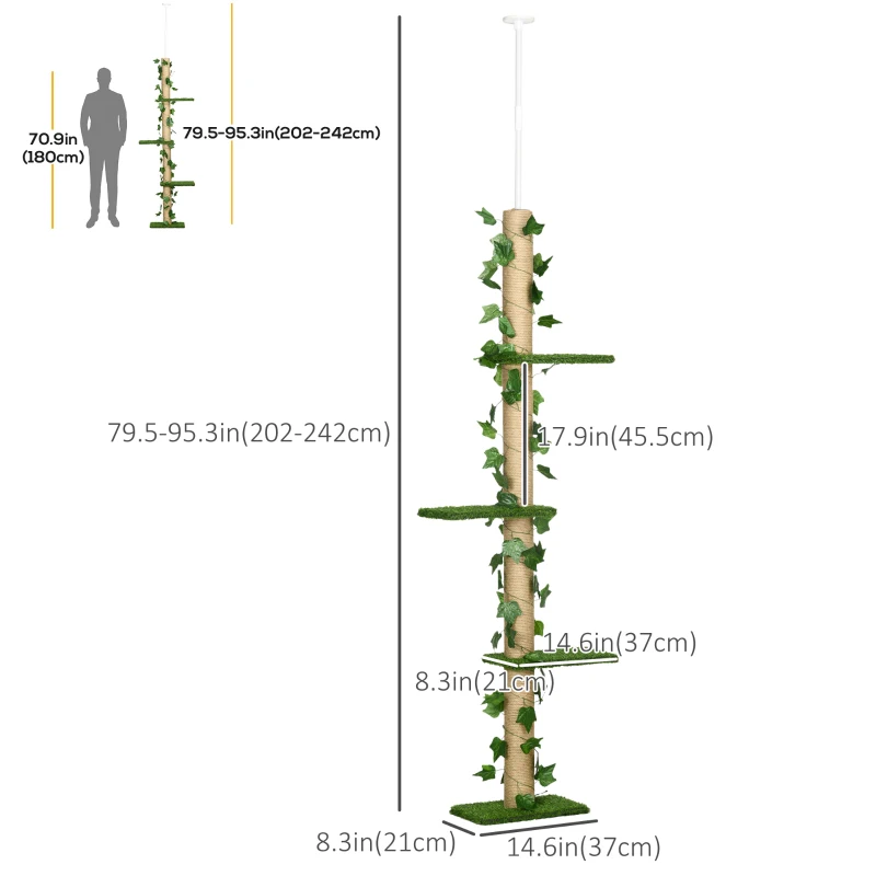 PawHut 4-Tier Floor to Ceiling Cat Tree, Height(80-95Inches)Adjustable, Tall Cat Tower w/ Anti-Slip Kit, Leaves, Multi-Layer Activity Centre w/ Scratching Post
