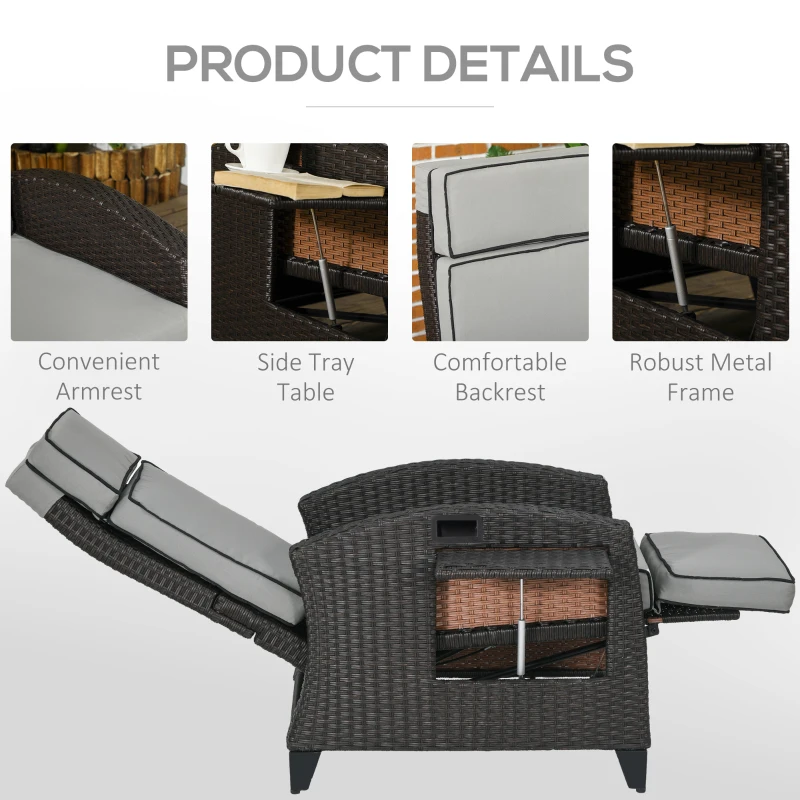 Outsunny Outdoor Recliner Chair with Adjustable Backrest, Cushion, Side Tray, Light Grey