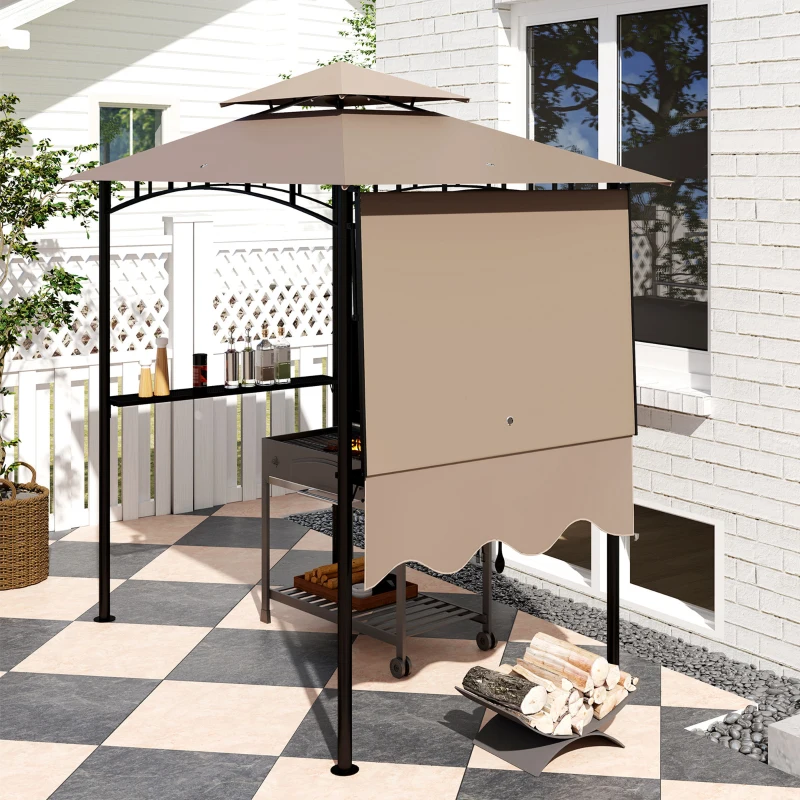 Outsunny 8' x 5' Grill Gazebo, Double Tiered Barbecue Grill Gazebo Shelter with Side Awning, 2 Side Shelves, 6 Hooks, Khaki