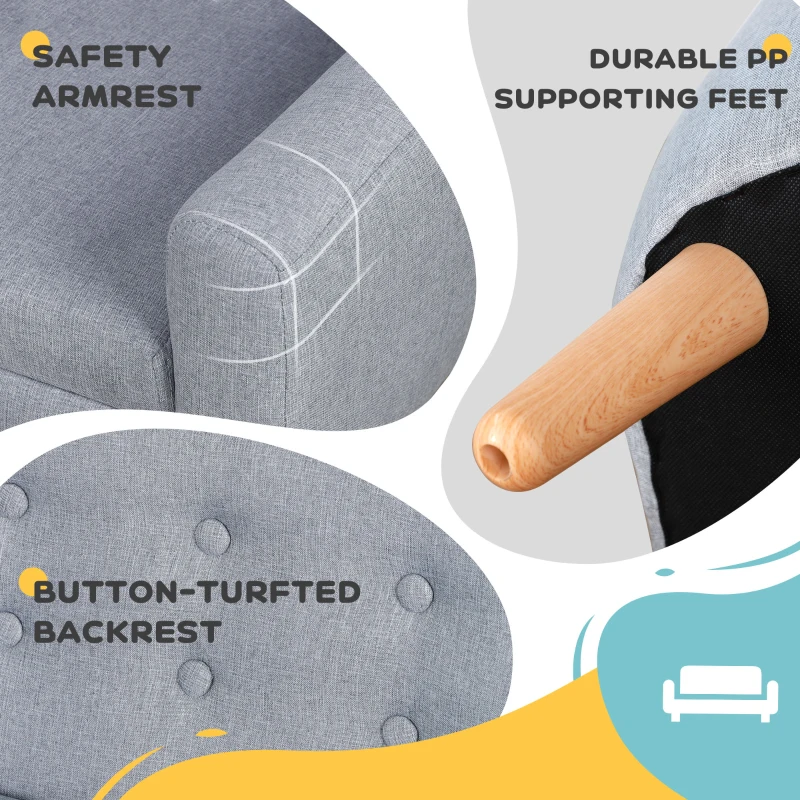 Qaba 2-Seat Kids Sofa, Toddler Sofa Couch, Linen-Like Fabric & Wood Frame Sofa Chair for Ages 3-7, 11" High Seat, Gray