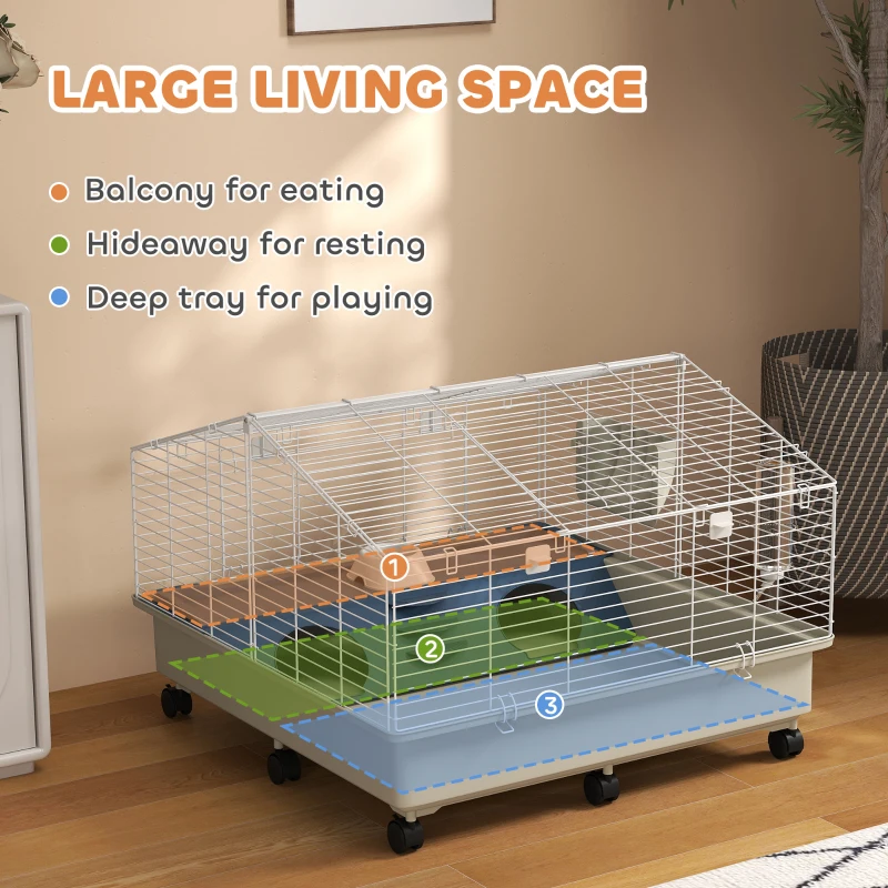 PawHut Rolling Small Animal Cage with Water Bottle, Hay Feeder, Food Dish for Rabbits, Hedgehogs, Guinea Pigs, 35" x 35" x 25"