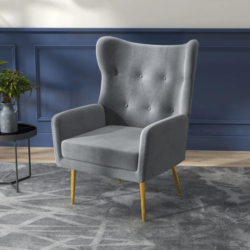 HOMCOM Fabric Wingback Armchair, Modern Accent Chair with Gold Metal Legs for Living Room, Bedroom, Home Office, Grey
