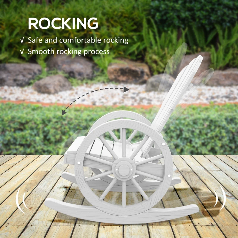 Outsunny Patio Wooden Rocking Chair, Wagon Outdoor Rocker Chair with Slatted Design and Wheel Armrests for Garden, White