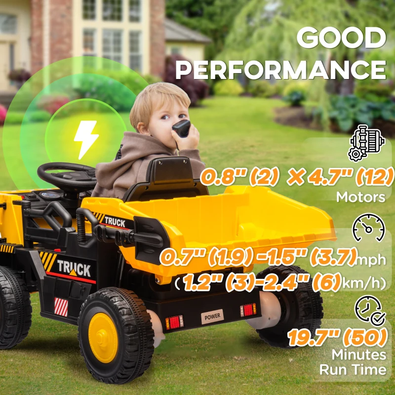 Qaba 12V Kids Ride On Dump Truck Construction Vehicle w/ Electric Dump Bed, Shovel, Spring Suspension Wheels