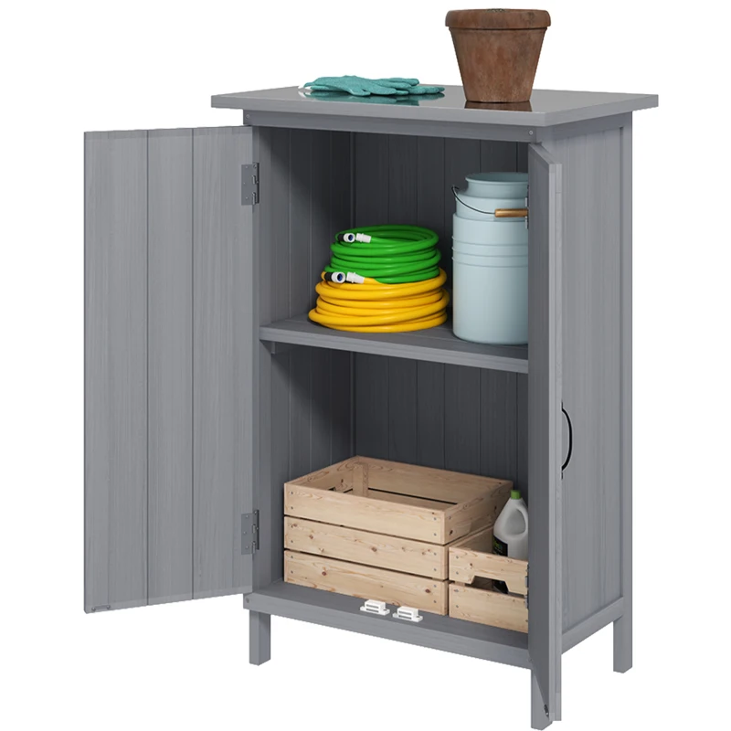 Outsunny Outdoor Storage Cabinet, Wooden Garden Storage Shed with 2-Tier Shelves, Metal Tabletop and Magnetic Doors, Grey