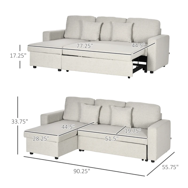 HOMCOM L-Shaped Sectional Sofa Bed, Loveseat Reversible Sleeper Sofa with Pull Out Couch Bed and Storage Chaise, Cream White