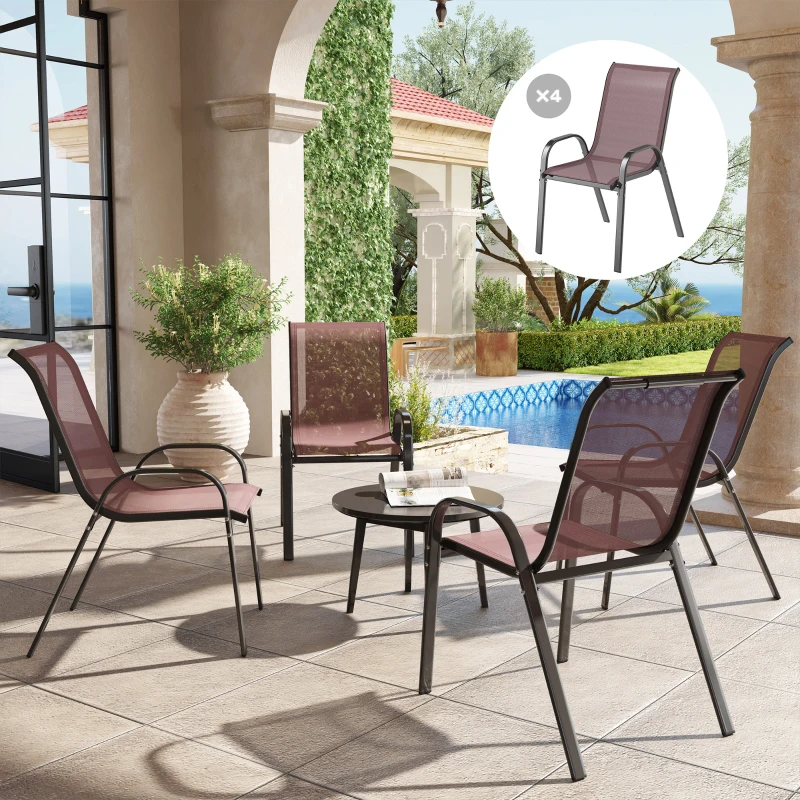 Outsunny Set of 4 Outdoor Dining Chairs, Stackable Patio Chairs with High Back, Breathable Mesh Seat for Garden Lawn, Brown