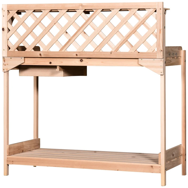 Outsunny Outdoor Garden Potting Bench, Wooden Workstation Table w/ Drawer, Hooks, Open Shelf, Lower Storage and Lattice Back for Patio, Backyard and Porch